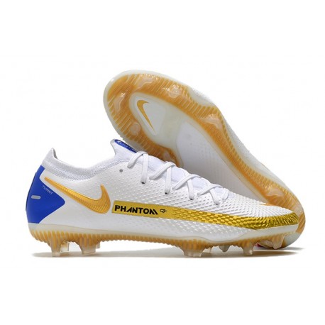 Crampons Nouvelle Nike Phantom GT Elite FG Blanc Bleu Or